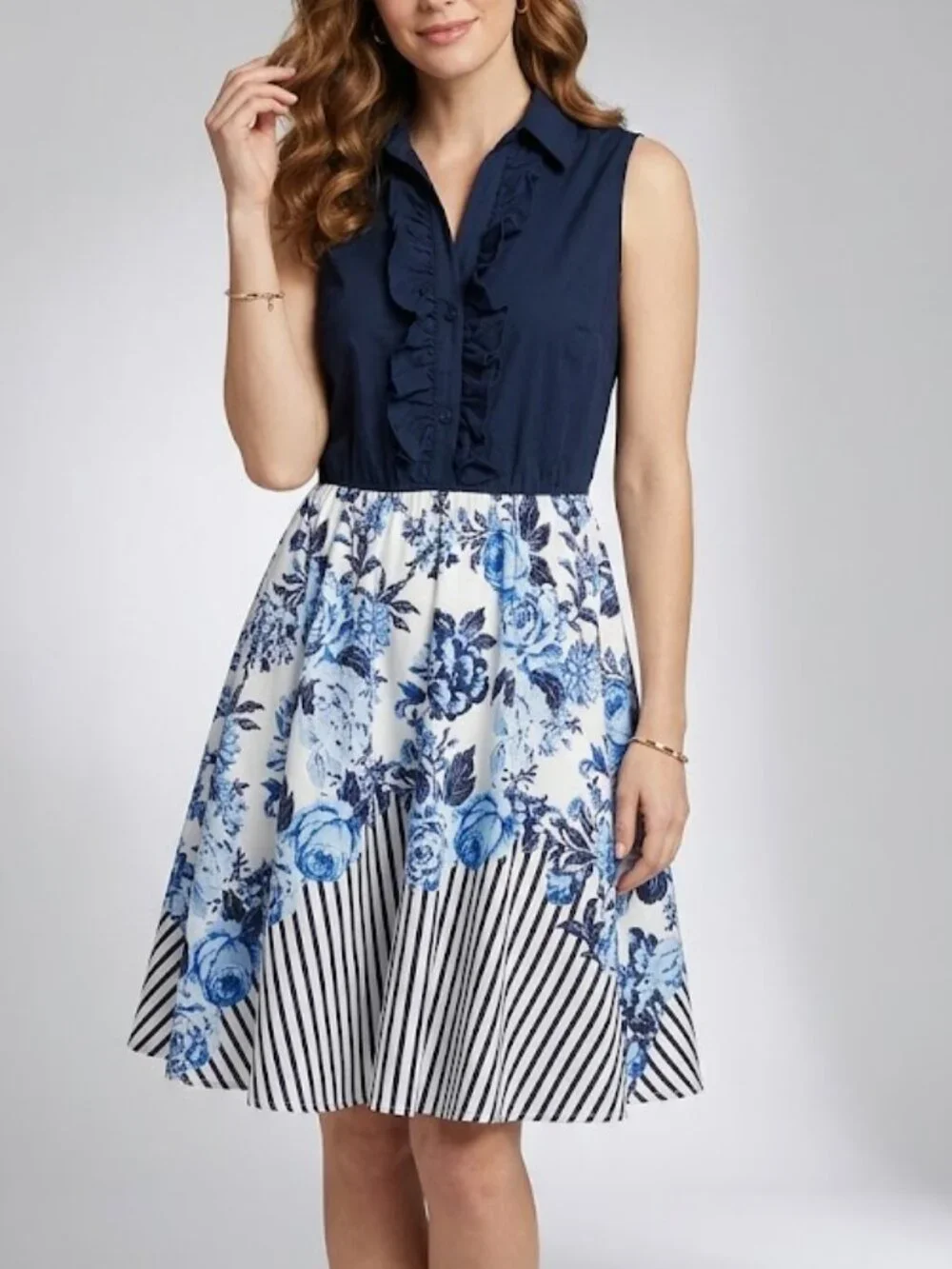 Bailey Blue Sleeveless Ruffle Shirt Dress Navy Floral Stripe Mixed Print Size L